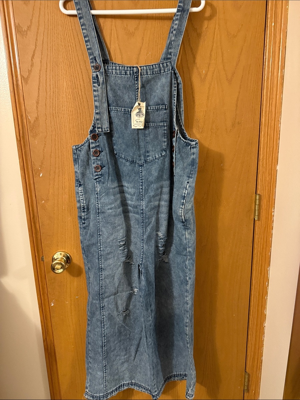 easel Denim Distressed Overalls in Medium Blue